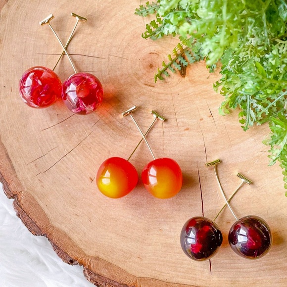 Cherry Earrings Dangle Drop Flower Resin Fruit Aesthetic Minimal Ear Bar Stud - Picture 1 of 6